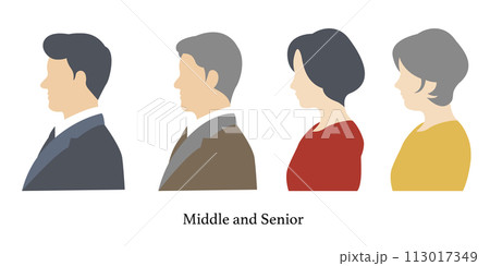 ミドル世代とシニア世代の男女のイラスト素材 ベクター 横顔 中高年 シンプル ミドル世代とシニア世代の男女のイラスト素材 ベクター 横顔 中高年 シンプル 113017349