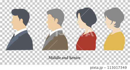 ミドル世代とシニア世代の男女のイラスト素材 ベクター 横顔 中高年 シンプル ミドル世代とシニア世代の男女のイラスト素材 ベクター 横顔 中高年 シンプル 113017349