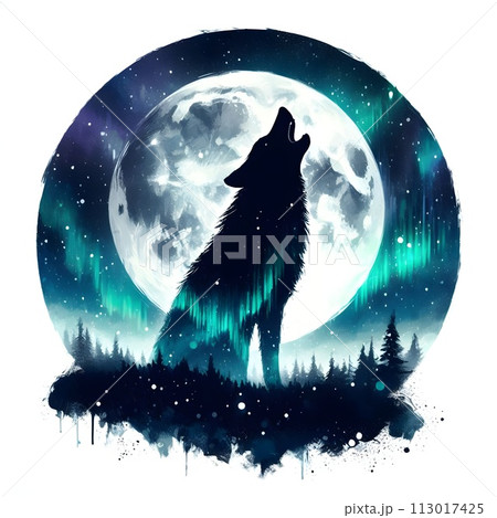 Silhouette of a lone wolf howling at the moon. 113017425