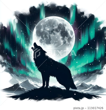 Silhouette of a lone wolf howling at the moon. 113017426
