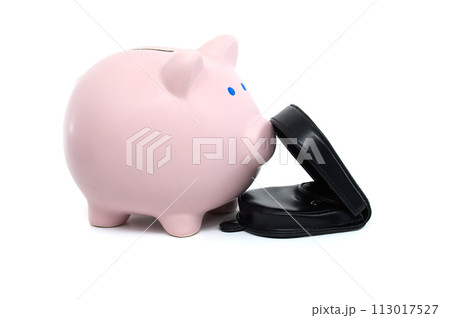 Piggy bank alongside a black wallet isolated on white 113017527