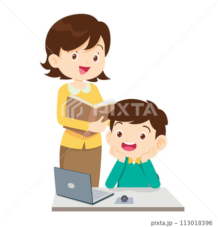 happy teacher and student learning computer 113018396