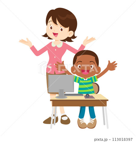happy teacher and student learning computer 113018397