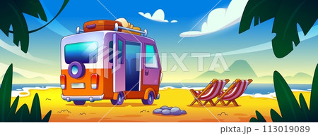 Camper van on sea sand beach with lounge chairs 113019089