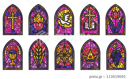 Church glass windows. Stained mosaic catholic frames with cross, book and religious symbols. Vector set isolated on white background Church glass windows. Stained mosaic catholic frames with cross, book and religious symbols. Vector set isolated on white background 113019091