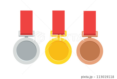 Three medal with gold madel and silver, bronze madel and red ribbon. vector illustration 113019118
