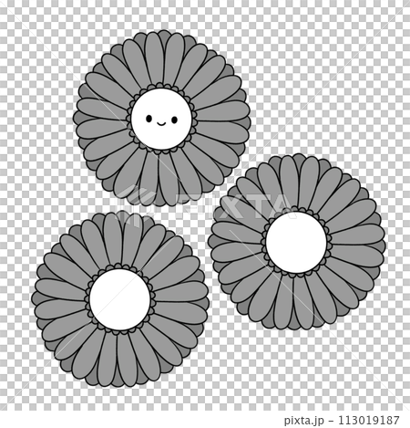Black and white gerbera illustration with cute face Black and white gerbera illustration with cute face 113019187
