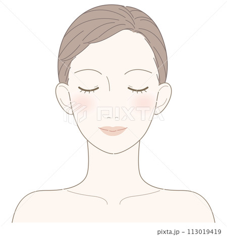 女性　顔　正面　目をとじる　肩まで（チークあり） 113019419