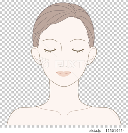 Female face, front, eyes closed, up to shoulders (no cheek) Female face, front, eyes closed, up to shoulders (no cheek) 113019434