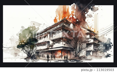老舗温泉ホテルの火事：水彩画