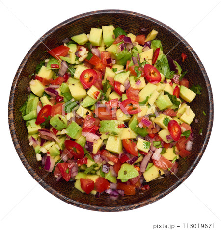 traditional salsa dip snack in wooden bowl isolated 113019671