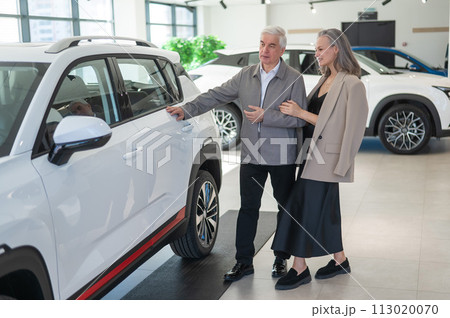 An elderly Caucasian couple chooses a new car at a car dealership. An elderly Caucasian couple chooses a new car at a car dealership. 113020070