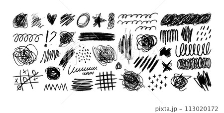 Crayon Pencil Scribble Textures and Shapes. Children's Charcoal Hand Drawn Doodle Scratches. Vector 113020172