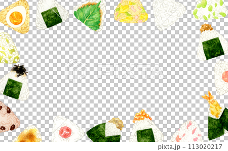 色々な種類のおにぎりのフレーム　食べ物・料理の手描き水彩イラスト背景素材 113020217