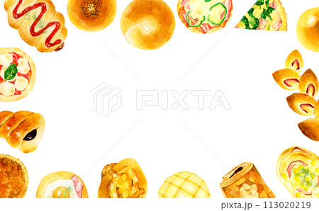 色々な種類のパンのフレーム　食べ物・料理の手描き水彩イラスト背景素材 113020219