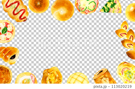 色々な種類のパンのフレーム　食べ物・料理の手描き水彩イラスト背景素材 113020219