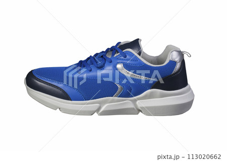 Blue sneaker made of fabric on a white background side view. Sport shoes. Blue sneaker made of fabric on a white background side view. Sport shoes. 113020662