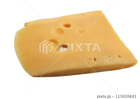 Piece of cheese isolated on white background. 113020691