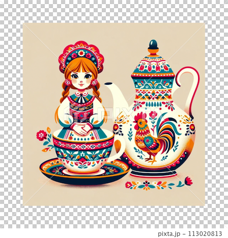 Illustration of a girl in a colorful ethnic costume and a chicken teapot Illustration Generative AI 113020813