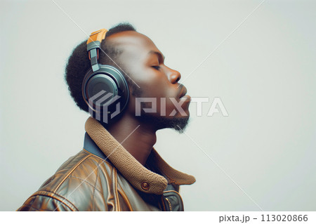 AI-generated content. Side view portrait of young Black man wearing headphones and listening to music with eyes closed on light background generated AI image copy space 113020866