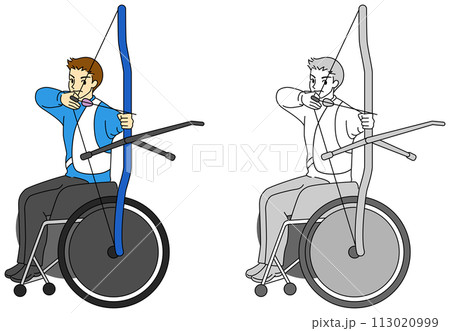 車椅子に乗ってアーチェリーをする男性選手のイラストセット 車椅子に乗ってアーチェリーをする男性選手のイラストセット 113020999