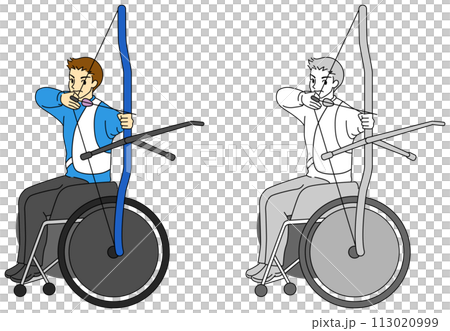 車椅子に乗ってアーチェリーをする男性選手のイラストセット 車椅子に乗ってアーチェリーをする男性選手のイラストセット 113020999