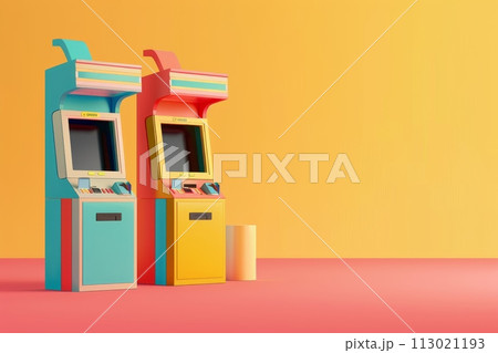 Two arcade game machines with a yellow and a blue one with Generative AI 113021193