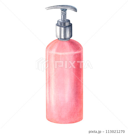 Plastic cosmetic bottle with dispenser airless pump. Empty pink container for liquid gel, shampoo. Hand drawn watercolor illustration isolated on background. Design for beauty centers, Spa, medicine. 113021270