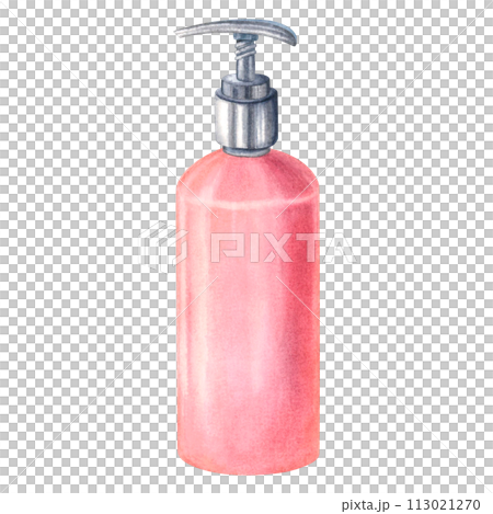 Plastic cosmetic bottle with dispenser airless pump. Empty pink container for liquid gel, shampoo. Hand drawn watercolor illustration isolated on background. Design for beauty centers, Spa, medicine. Plastic cosmetic bottle with dispenser airless pump. Empty pink container for liquid gel, shampoo. Hand drawn watercolor illustration isolated on background. Design for beauty centers, Spa, medicine. 113021270