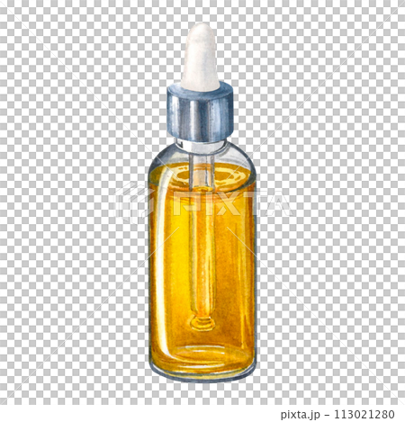Transparent glass dropper bottle with golden liquid inside. Metal pipette. Transparent glass packaging. Serum dispenser. Dropper for skin care cosmetics. Element for design, advertising of cosmetic. Transparent glass dropper bottle with golden liquid inside. Metal pipette. Transparent glass packaging. Serum dispenser. Dropper for skin care cosmetics. Element for design, advertising of cosmetic. 113021280