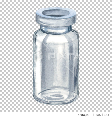 Miniature clear glass empty bottle for storing essential oil, liquid, perfume, cosmetics. Hand drawn watercolor illustration of small vial isolated on background. For scrapbooking, wedding decoration. Miniature clear glass empty bottle for storing essential oil, liquid, perfume, cosmetics. Hand drawn watercolor illustration of small vial isolated on background. For scrapbooking, wedding decoration. 113021283