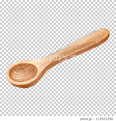 Wooden small brown spoon for salt, cereals, powders, flour or cosmetics products. Hand drawn watercolor illustration of cutlery on isolated background. Ideal for menu design, bakery or cafe concept. 113021290