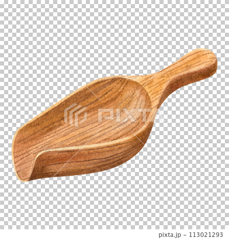 Wooden scoop for bulk dry products and cosmetics. Hand drawn watercolor illustration of spatula for cereals, powders on isolated background. For printing menus, postcards, banners, flyers and posters. Wooden scoop for bulk dry products and cosmetics. Hand drawn watercolor illustration of spatula for cereals, powders on isolated background. For printing menus, postcards, banners, flyers and posters. 113021293