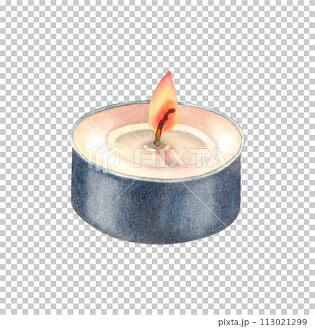 Mini-Sized Candles of white paraffin wax complete with an aluminum base and cotton wick with candle's gentle glow. Hand drawn watercolor illustration on isolated background. For promotional products. Mini-Sized Candles of white paraffin wax complete with an aluminum base and cotton wick with candle's gentle glow. Hand drawn watercolor illustration on isolated background. For promotional products. 113021299