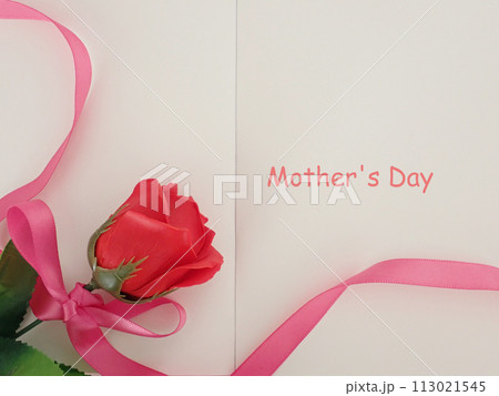 母の日、Mother's Dayの文字と赤い花とリボン 母の日、Mother's Dayの文字と赤い花とリボン 113021545