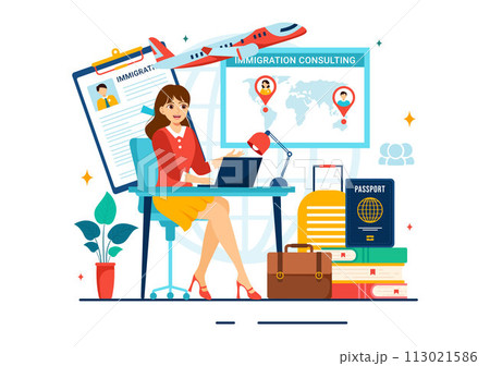 Immigration Consultant Vector Illustration with Counseling Assistance for Provide Advice to People Who Will Make the Move in Flat Background 113021586