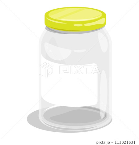 Empty tall glass jar for food canning closed yellow metal lid. Summer harvest and preparation of food stocks for winter. Cartoon vector isolated on white background 113021631