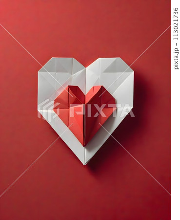 Geometric Origami Heart Displayed on a Red Background, Generative AI 113021736