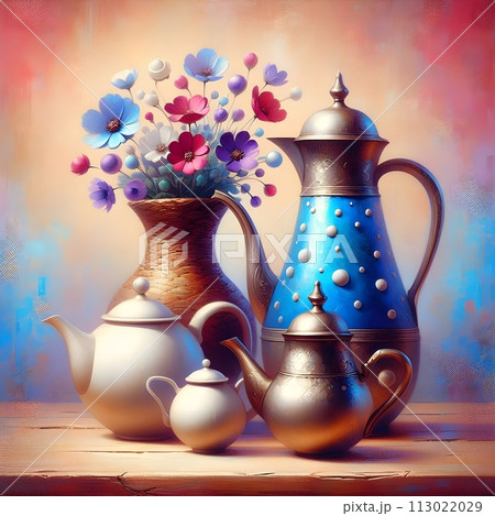 A delightful painting showcasing a variety of blooms bursting from a vintage teapot. 113022029