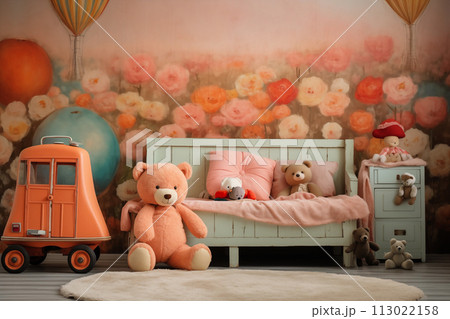 Creative playroom interior with bear dolls. By generative Ai 113022158