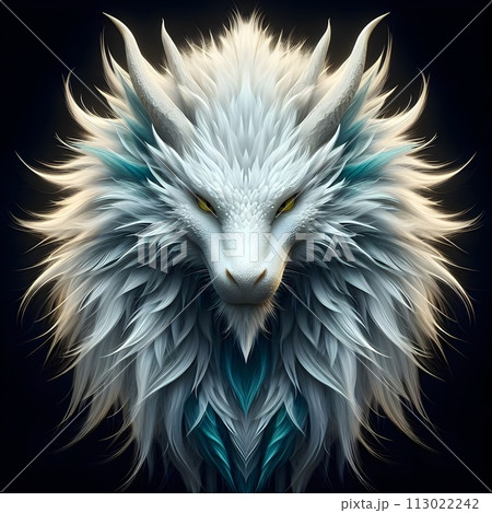 A dragon with sharp eyes and a soft white base color of fur. 113022242