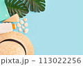 Summer vacation concept with seashells, palm leaves and straw hat. Blue background with copy space. Time relax. 113022256