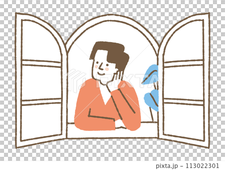 Young man looking out the window_color Young man looking out the window_color 113022301