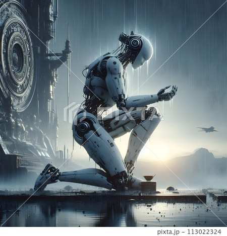 White robot kneeling in the rain. 113022324