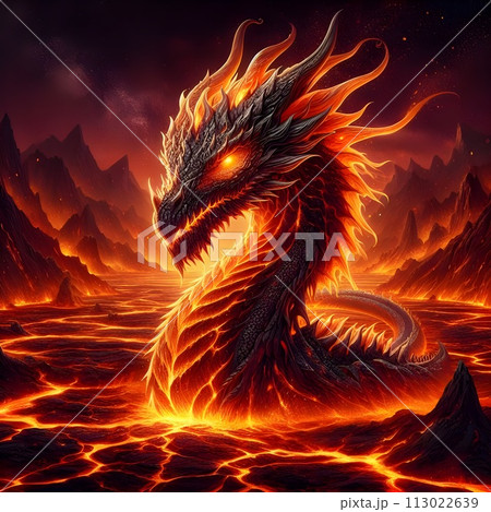 An image of a dragon with lava lines and glowing orange eyes on a volcanic background. 113022639