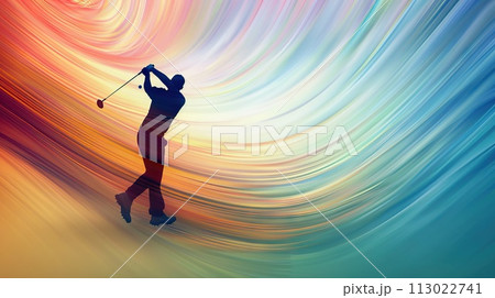 Golfer's silhouette against a colorful, dynamic abstract background 113022741
