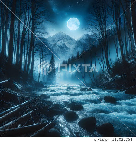 River in forest at night only moon is shinning and making blue light at scene. 113022751