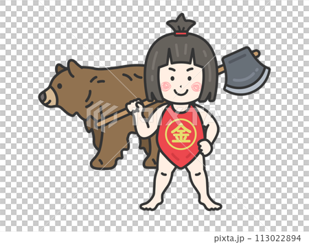 Illustration of Kintaro and the bear (line drawing color) 113022894
