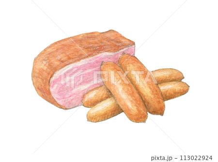 ベーコンとソーセージ　水彩色鉛筆イラスト 113022924