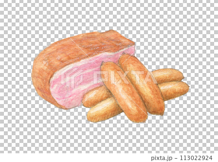 ベーコンとソーセージ　水彩色鉛筆イラスト 113022924